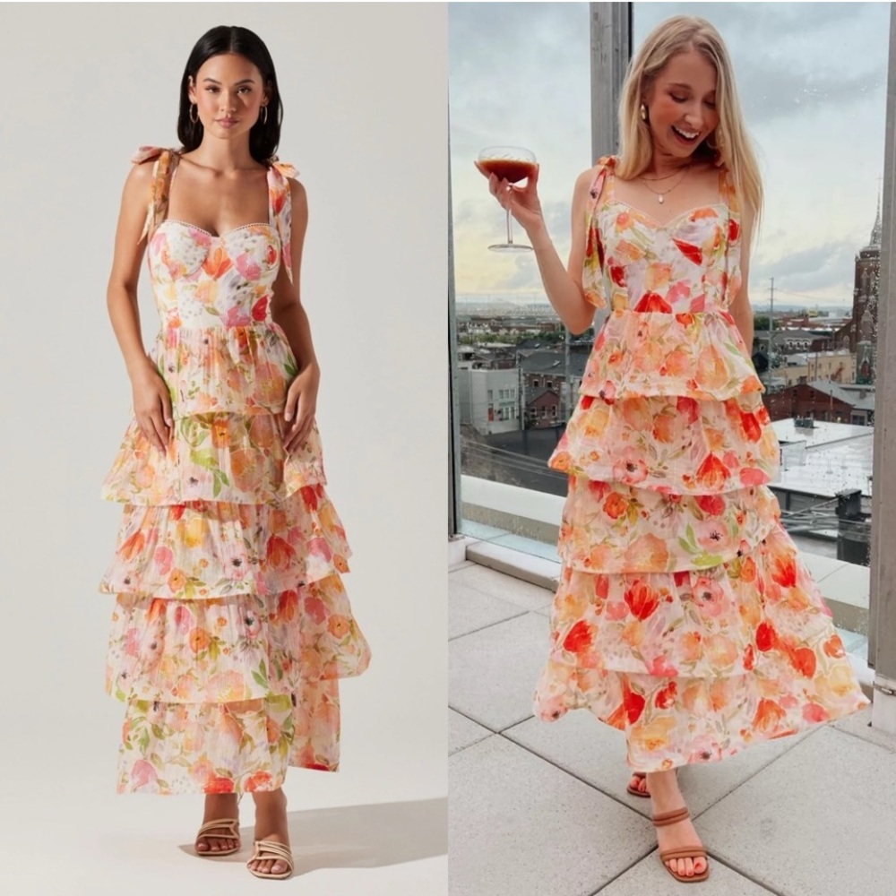 3New ASTR REVOLVE Zirconia Tie Strap Tiered Orange Poppy Watercolor Maxi Dress